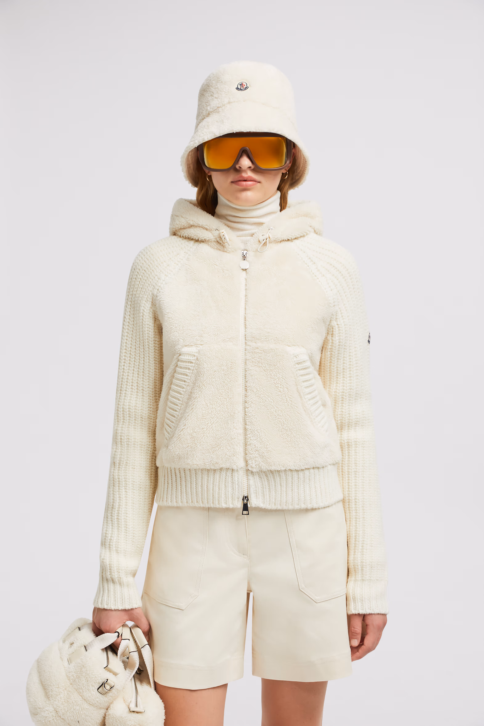 Cárdigan con capucha y cremallera acolchado de lana y efecto peluche Mujer Blanco Moncler 0